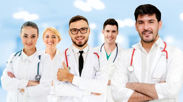 Healthcare people group. Professional doctor working in hospital office or clinic with other doctors, nurse and surgeon. Medical technology research institute and doctor staff service concept.