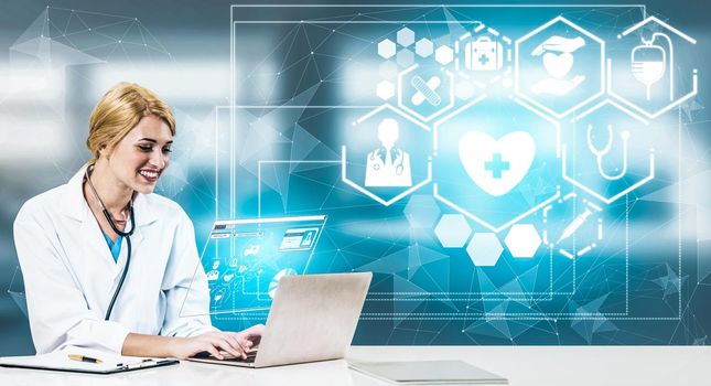 Medical Healthcare Concept - Doctor in hospital with digital medical icons graphic banner showing symbol of medicine, medical care people, emergency service network, doctor data of patient health.