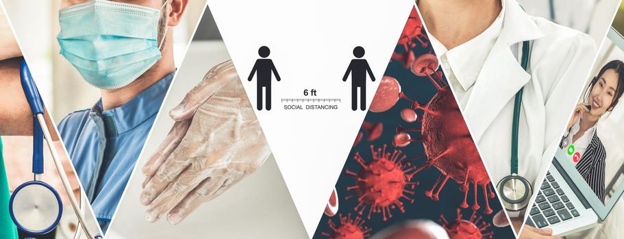 Coronavirus COVID-19 image set banner in concept of prevention information including safety precaution and doctor service to prevent spreading infection of covid-19 or 2019 Coronavirus Disease.