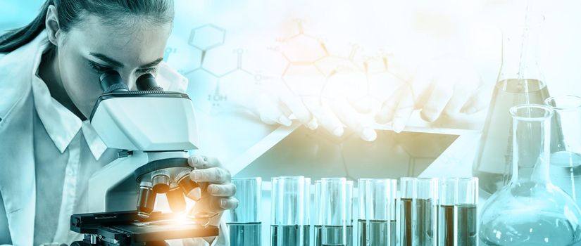 Research and development concept. Double exposure image of scientific and medical lab instrument, microscope, test tube and glass flask for microbiology and chemistry in laboratory for medicine study.