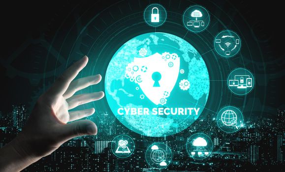 Cyber Security and Digital Data Protection Concept. Icon graphic interface showing secure firewall technology for online data access defense against hacker, virus and insecure information for privacy.