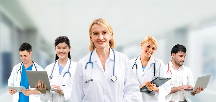 Healthcare people group. Professional doctor working in hospital office or clinic with other doctors, nurse and surgeon. Medical technology research institute and doctor staff service concept.