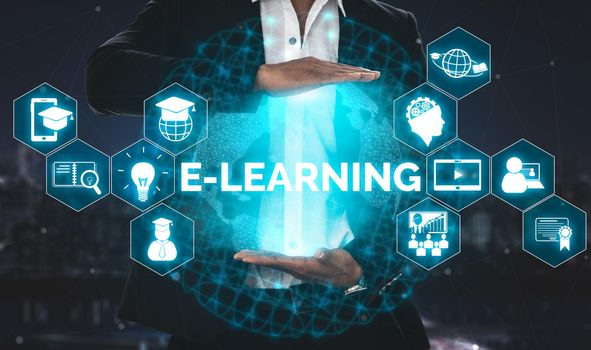 E-learning and Online Education for Student and University Concept. Graphic interface showing technology of digital training course for people to do remote learning from anywhere.