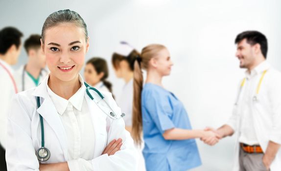 Healthcare people group. Professional doctor working in hospital office or clinic with other doctors, nurse and surgeon. Medical technology research institute and doctor staff service concept.