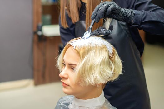 Hairdresser in black gloves dyes hair of young woman in white color in hairdress salon