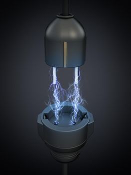 Lightnings between electric plug and power socket. Electrical energy concept. 3D illustration.