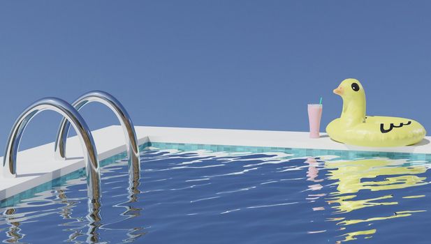 Yellow pool float, ring floating in a refreshing blue swimming pool. 3d rendering