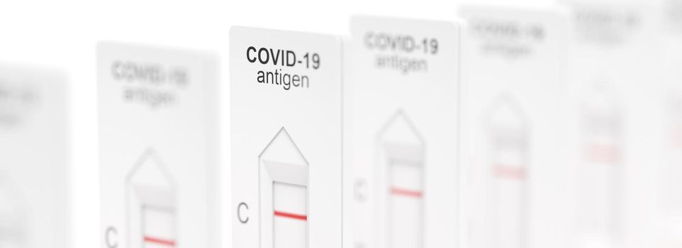 Covid rapid antigen nasal test. Self test at home or at corona test station. 3d illustration