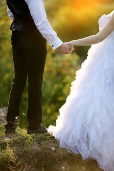 Closeup view of married couple holding hands