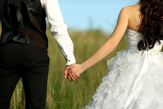 Back view of bride in white dress and groom in suit holding each others hands outdoors