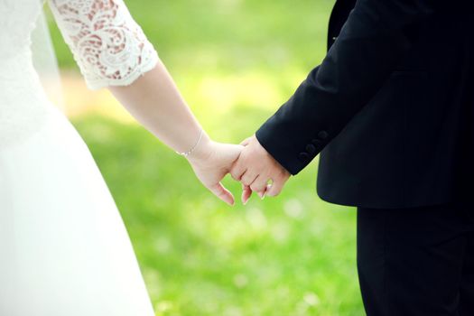 Back view of bride in white dress and groom in suit holding each others hands outdoors