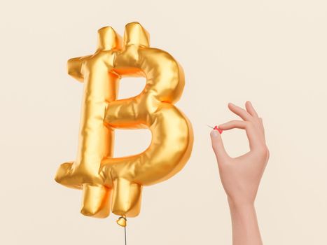 3D rendering of person inserting pin into golden bitcoin shaped air balloon before cryptocurrency failure on pink background