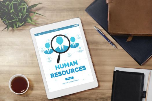 Human Resources Recruitment and People Networking Concept. Modern graphic interface showing professional employee hiring and headhunter seeking interview candidate for future manpower.