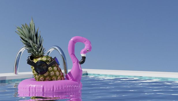 Summer Vacation and Swimming Pool Relaxation Lifestyles Concept, Pineapple With Sunglasses in Poolside at The Beach Vacations. Tropical Leisure Activities Relaxing and Holiday Resort. 3d rendering