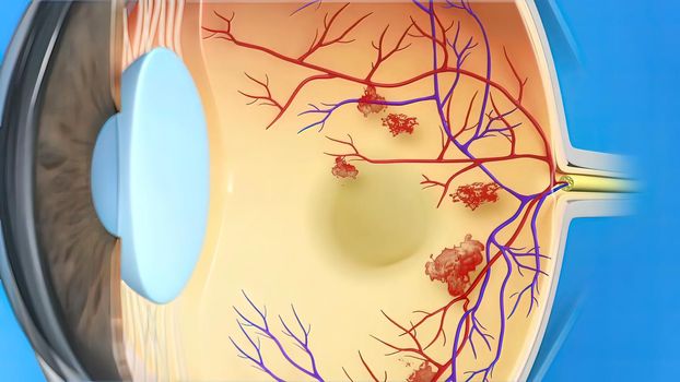 Diabetic macular edema is a complication of diabetes caused by fluid accumulation in the macula, or central portion of the eye, that causes the macula to swell.3D illustration