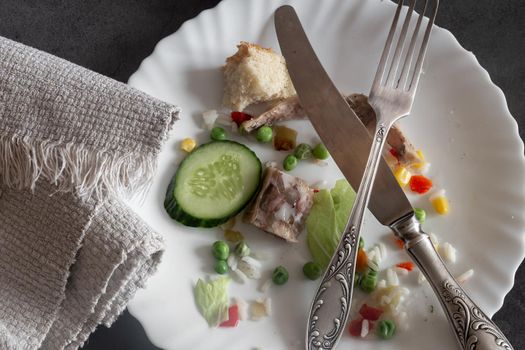 A dirty plate with breakfast leftovers and cutlery: knife and fork. Next to it is a used napkin.