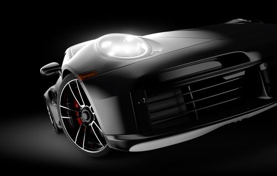 Generic and unbranded black sport car illuminated on a dark background: 3D illustration