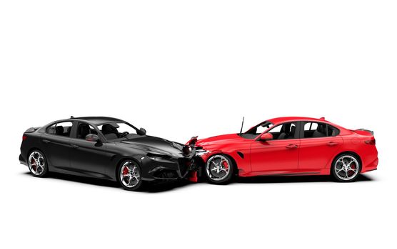 Accident between two cars, one red and one black, isolated on white, front view: 3D illustration