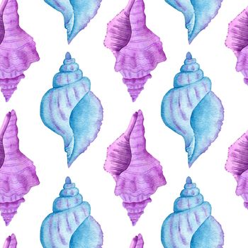 Watercolor hand drawn seamless pattern with underwater marine nautical animals shells fish. Purple blue seahorse seaweed jellyfish, ocean sea summer vacation beach background, turquoise fabric print