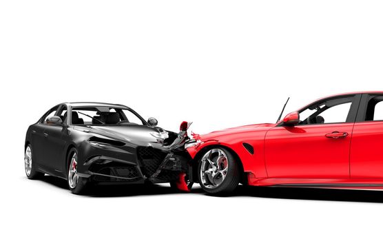 Accident between two cars, one red and one black, isolated on white: 3D illustration