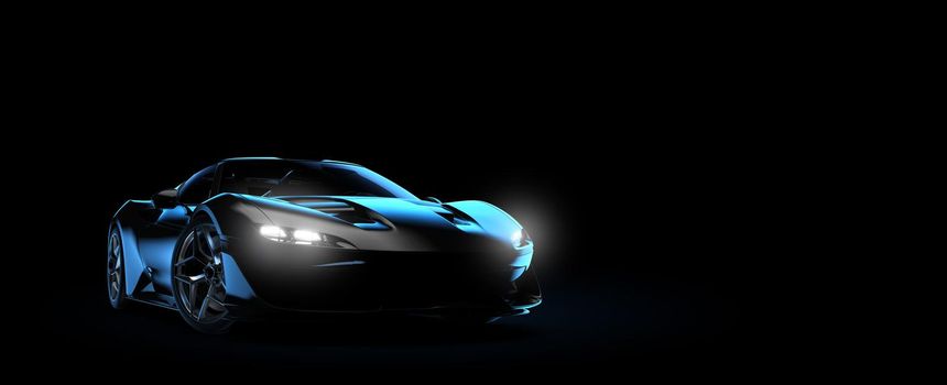 Generic and unbranded black sport car isolated on a dark background: 3D illustration