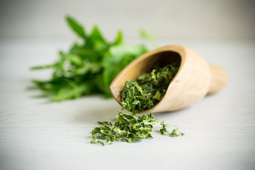 dried green organic arugula, seasoning, on a light wooden background