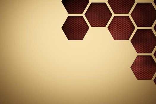 Gold metallic honeycomb and hexagon background pattern. 3d rendering