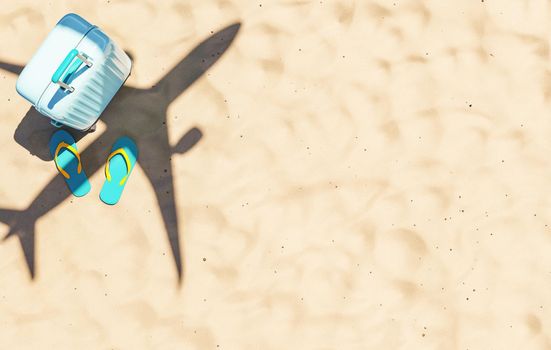 Top view 3D rendering of suitcase and flip flops placed on sandy seashore with shadow of flying airplane as background