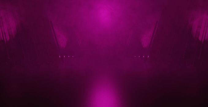 Abstract Moody Scene Neon Lights Grunge Sci Fi Stage Laser Showroom Underground Garage Car Room Cement Asphalt Concrete Bright Purple Banner Background Wallpaper 3D Rendering