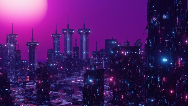 Cyberpunk Cityscape Neon lights. Night scene 3D Render