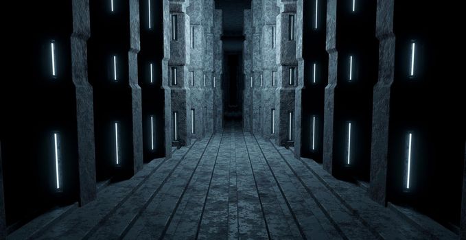 Extraterrestrial Corridor Hangar Basement Underground Hallway Lighted Light Turquoise Background Alien Concept