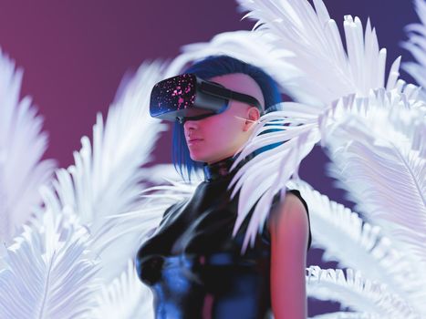 3D rendering of futuristic female in VR headset standing amidst white feathers and exploring metaverse