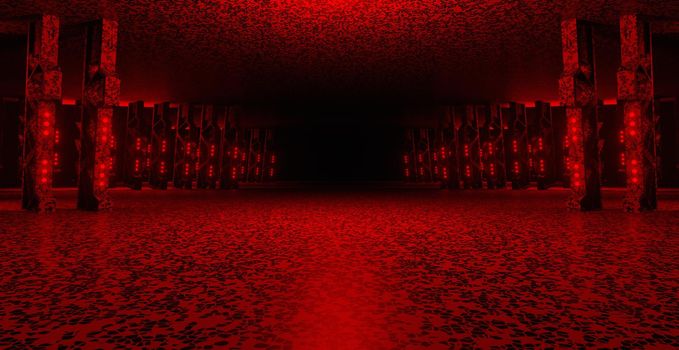 Empty Futuristic Underground Hall Corridor Tunnel Led Lights Laser Experimental Disco Future Deep Red Abstract Background Rendering 3D Rendering