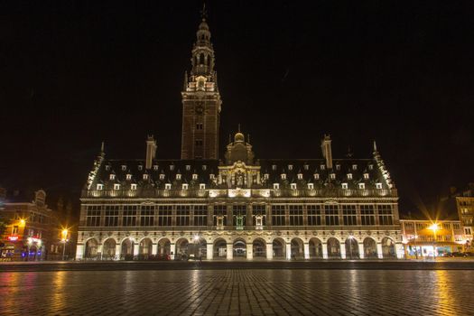 The university library on the Ladeuze square at night, Leuven, Belgium