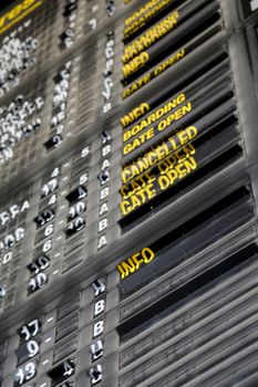 Airport departure board in terminal with flight information