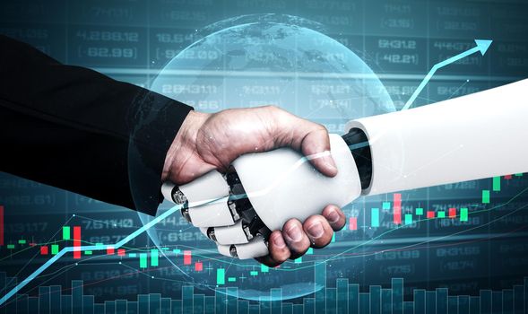 Future financial technology controlled by AI robot using machine learning and artificial intelligence to analyze business data and give advice on investment and trading decision . 3D illustration .