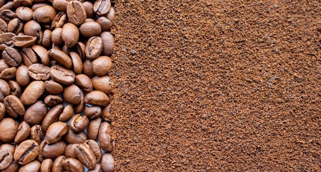 Image of coffee beans and ground instant coffee. Background of coffee beans and coffee powder