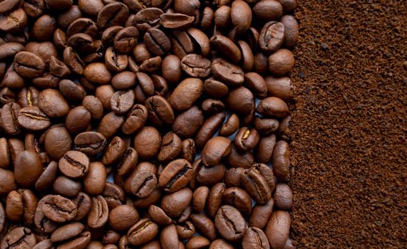 Image of coffee beans and ground instant coffee. Background of coffee beans and coffee powder