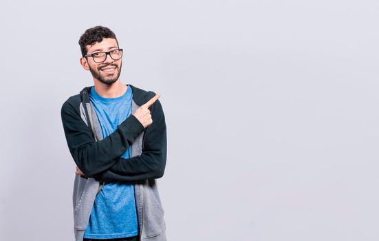 Smiling people pointing a banner to the side, Happy person pointing fingers to the sides, smiling man pointing a space to the side