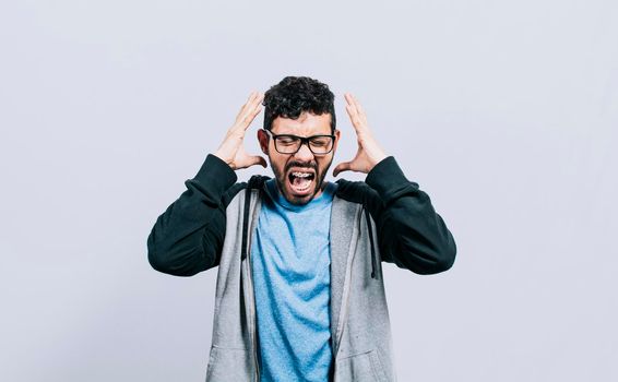 Irritated person screaming with open arms, Stressed people screaming with open hands, Man with open hands screaming angry to the camera