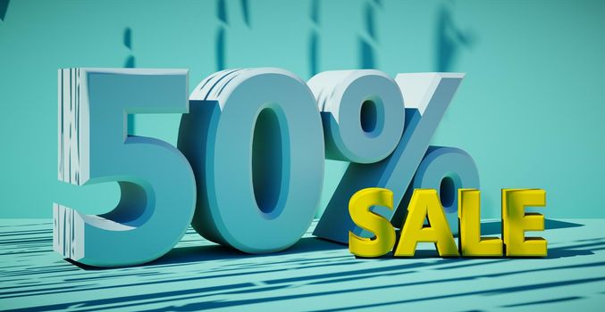 3D rendering of text fifty percent sale. Banner for the sale and advertising of goods at a discount.