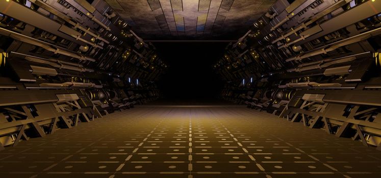 Futuristic corridor in a sci-fi fantasy space ship station. 3D illustration.