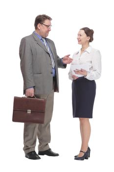 in full growth. businessman and business woman . isolated on a white background.