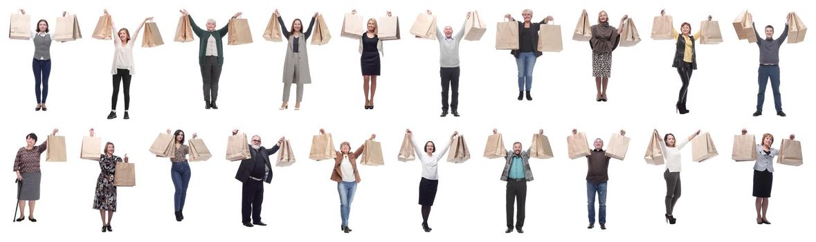 collage of shoppers holding shopping bags high