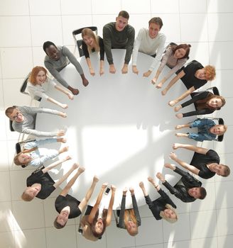 top view. working group in a class on team building . photo with copy space