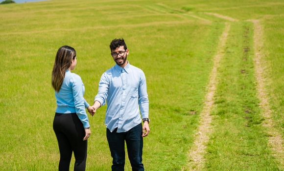 two smiling lovers in the field holding hands, Beautiful couple holding hands looking at each other in the field, two persons holding hands in the field