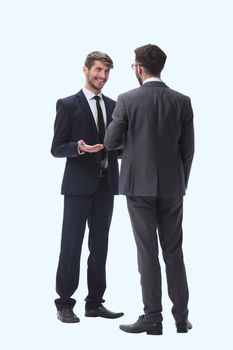 in full growth. two business people discussing something. isolated on white background