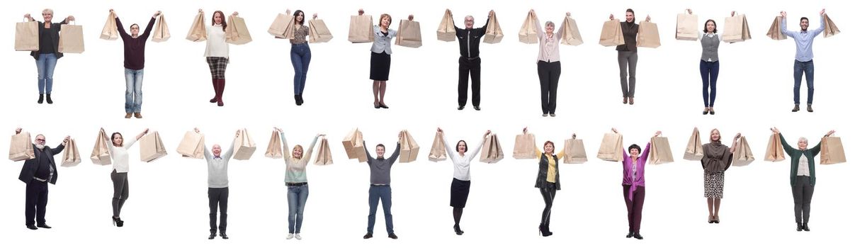 collage of shoppers holding shopping bags high