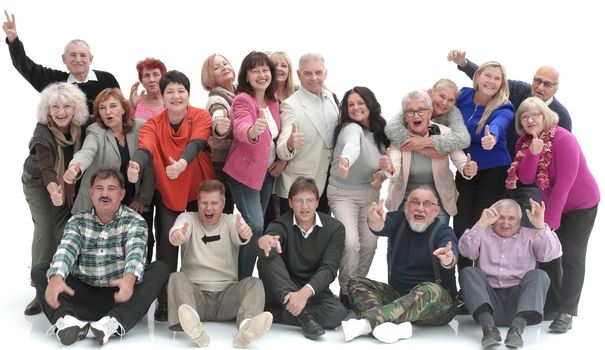 Group of happy elderly people standing and sitting isolated over a white