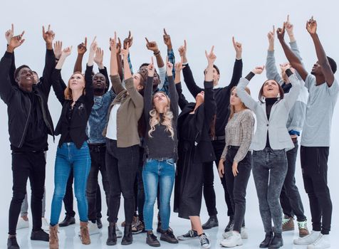 Group of people celebrating with arms up - isolated over a white backgorund